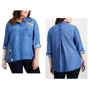 Style & Co Button Down Embroidered Floral Blouse L